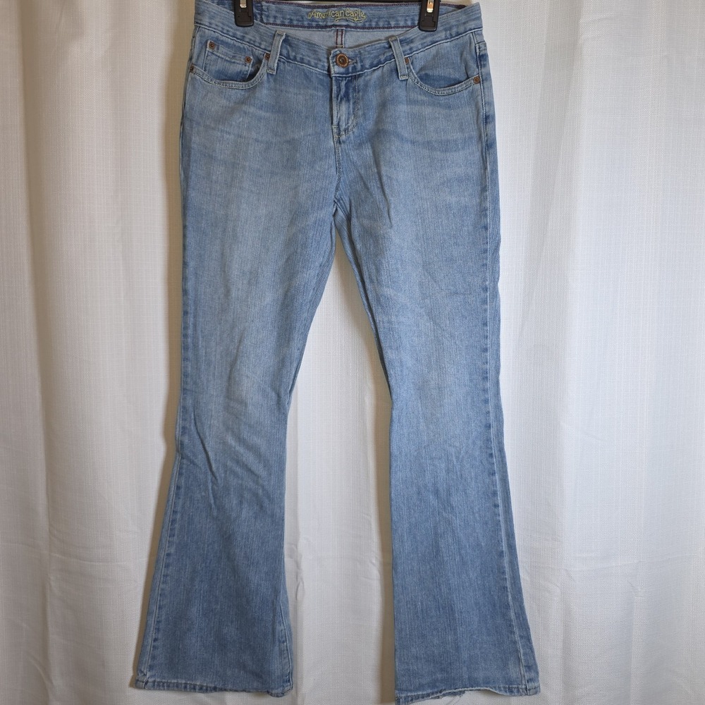 American Eagle Hipster Fit Flare Jeans Light Wash Blue Denim Y2K Size 10 Long